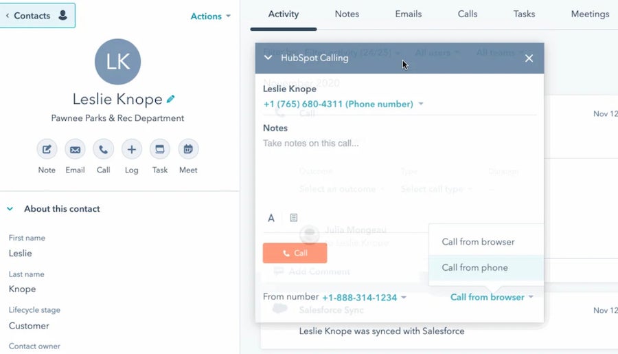 HubSpot CRM built-in calling tool.