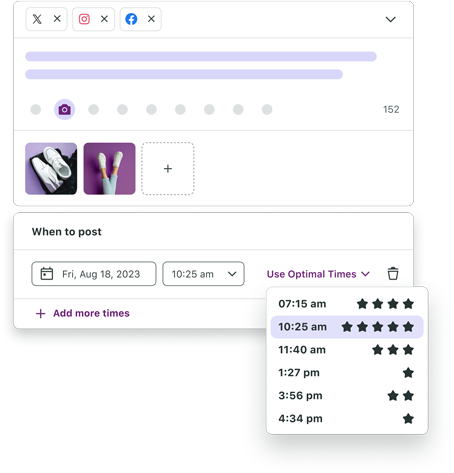 Screenshot of Sprout Social's Compose box with the "Use Optimal Times" dropdown selected with several times provided as options of when to schedule social media posts for the highest engagement.