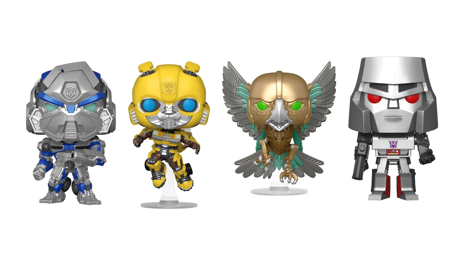 Transformers Funko Pop! Figures of Mirage, Bumblebee, Airazor and Megatron against a white background