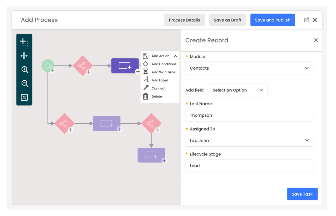 Example Vtiger process builder and record dashboard