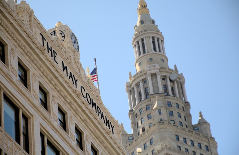 The May Apartments and Terminal Tower Residences stand tall over Cleveland's Public Square. Space in both buildings has been converted into apartments with the help of tax abatements.