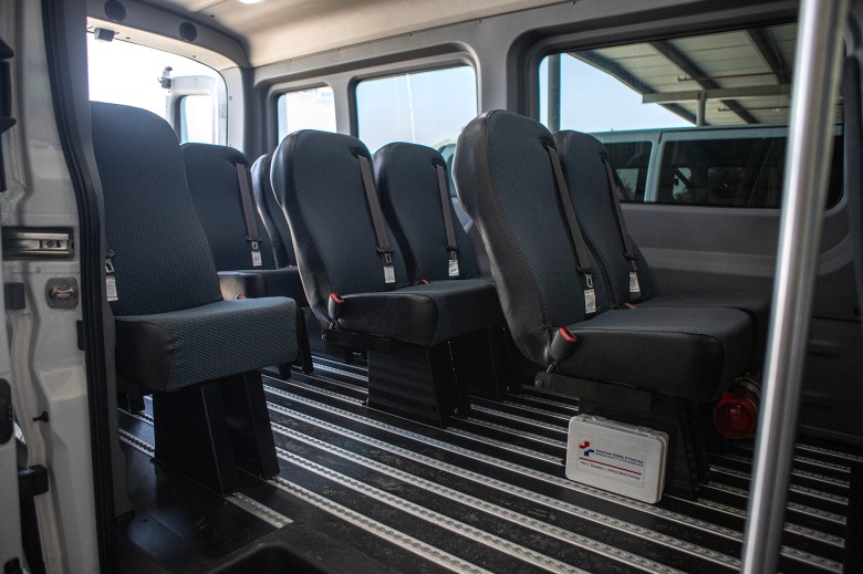 The interior of a fleet of electric vans parked at the CalVans main office in Visalia on May 2, 2024. Photo by Larry Valenzuela, CalMatters/CatchLight Local