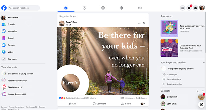 A screenshot of a Facebook page for a fake company with the tagline "Be there for your kids, even when you no longer can."