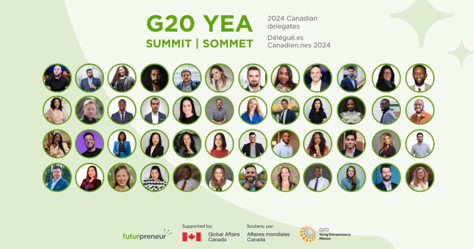 Pictured: As announced by Futurpreneur, introducing the 2024 Canadian delegation for the G20 Young Entrepreneurs’ Alliance Summit in Brazil, June 12-14, 2024.