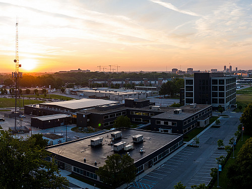 An aerial view of the 16 Tech campus