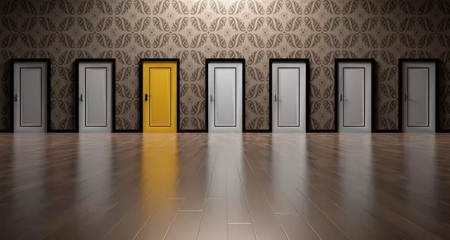 Image of a set of doors, one is colored yellow.