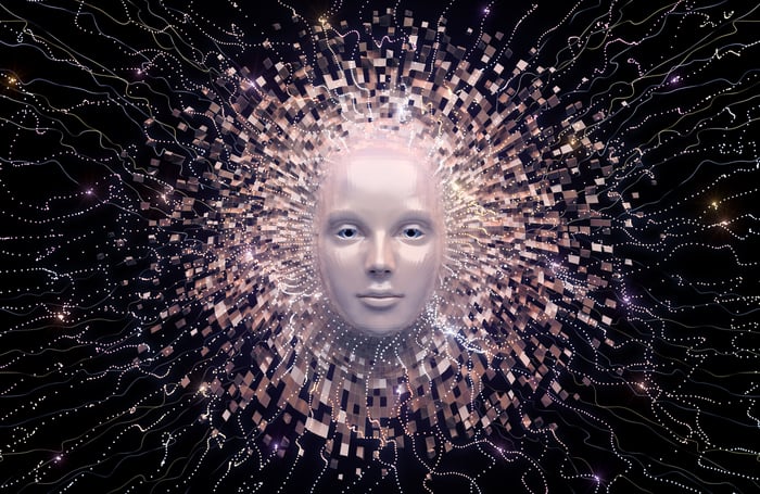 A humanoid face emerging from a sea of pixels and circuitry. 