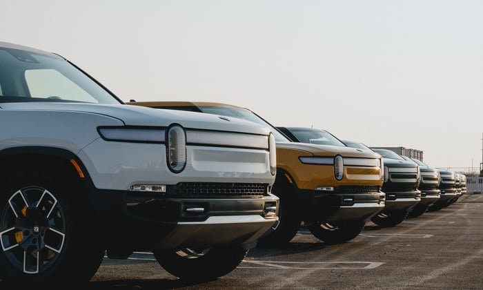 Lineup of Rivian trucks