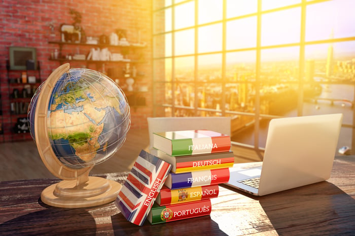 A table with language books, a globe, and a laptop upon it amid a warmly lit setting.