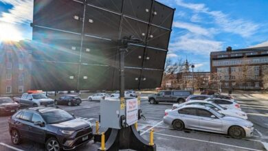 An off-grid solar tracker powers this EV charging station