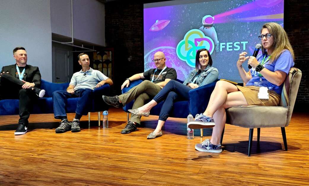 Jennifer Murphy Smith (right) leads the “Life Without A Manual” panel discussion June 10, 2021, at EntreFEST in Cedar Rapids. The annual conference for entrepreneurs will be June 13-14 in Cedar Rapids this year, with more than 40 speakers and 45-plus sessions. (NewBoCo)