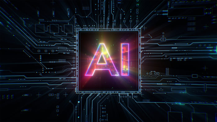 A graphic depicting a computer processor with the letters AI printed on it.