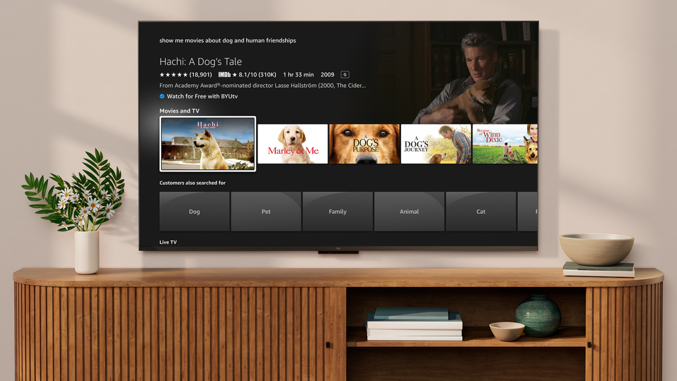 An image of a Fire TV in a living room showing Fire TV’s AI-enhanced search.