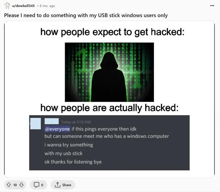 cybersecurity meme contrasts how people expect to get hacked and how people are actually hacked