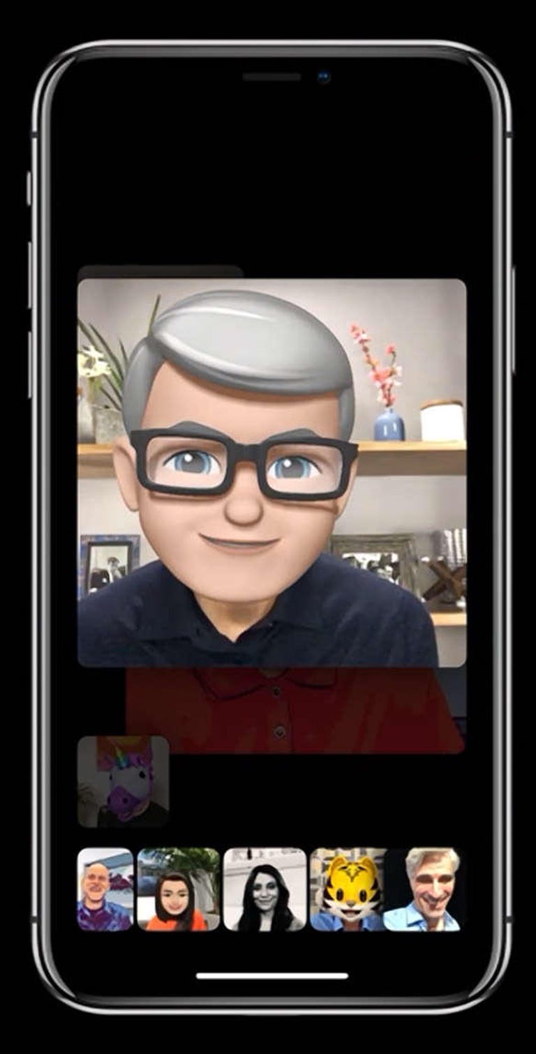 Apple CEO Tim Cook appears as a memoji -- an animoji AR self-portrait -- in a Group FaceTime chat at WWDC 2018.