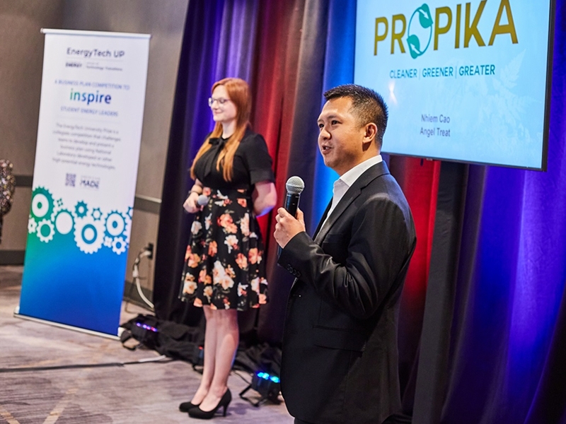 ProPika members Angel Treat, left, and Nhiem Cao won $20,000 for their pitch at the 2024 Energy Tech University Prize in Austin, Texas.