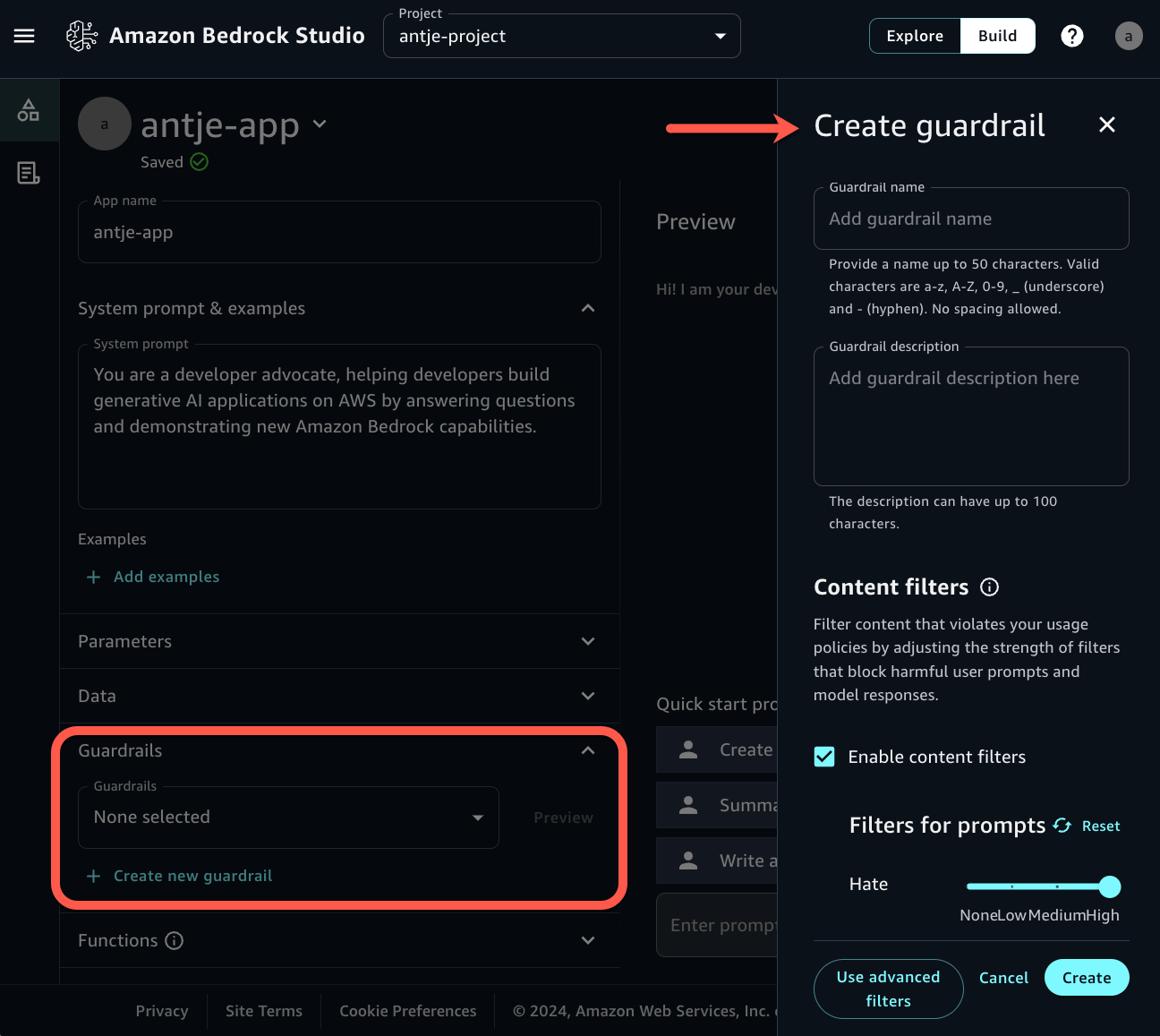 Amazon Bedrock Studio - Add Guardrails