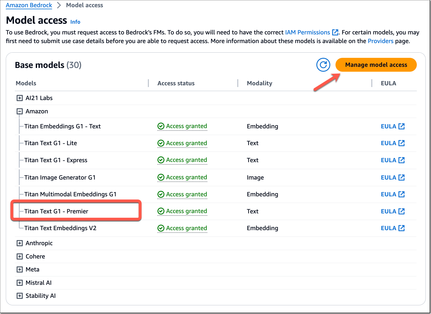 Select Amazon Titan Text Premier in Amazon Bedrock model access page
