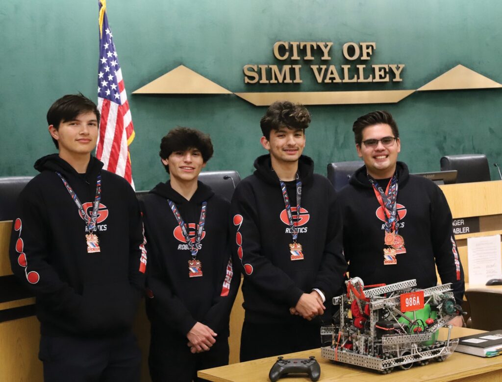 TECH SOLUTIONS—Grace High School’s Robotics Team 986A is recognized by the Simi Valley City Council on May 7. The members are, from left, sophomores Gavin Willis, Jacob Patton, Nickolas Villa and senior team captain Ian Nelson. Courtesy of Cecily Nelson