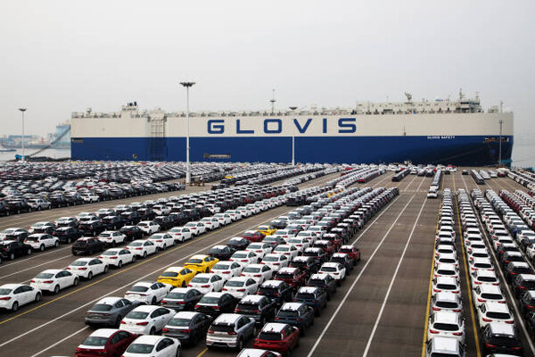 Cars are lined up in Pyeongtaek in order to be later loaded onto a transport operated by Hyundai Glovis