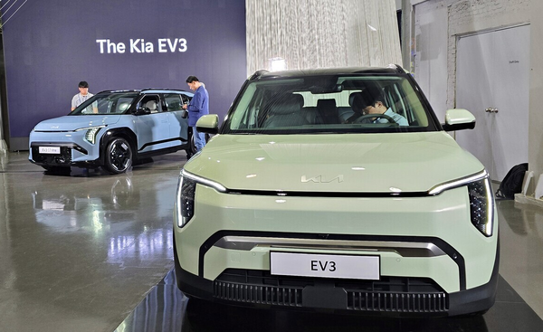 EV3s are on display at the Kia EV3 Photo Media Day held at the Seongsu Kia EV Unplugged Ground in the Seongdong district of Seoul on May 22.