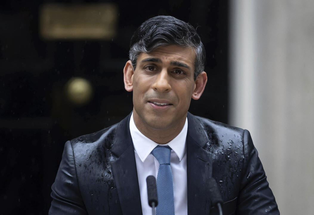 Photo by: zz/KGC-254/STAR MAX/IPx 2024 5/22/24 Prime Minister of The United Kingdom Rishi Sunak is seen on May 22, 2024 outside 10 Downing Street at a press conference announcing the date of the next general election. A General Election will be held in the UK on July 4th 2024 with the Labour Party - and Keir Starmer as Leader Of The Opposition - still ahead in the polls and expected to form the next government. (London, England, UK)