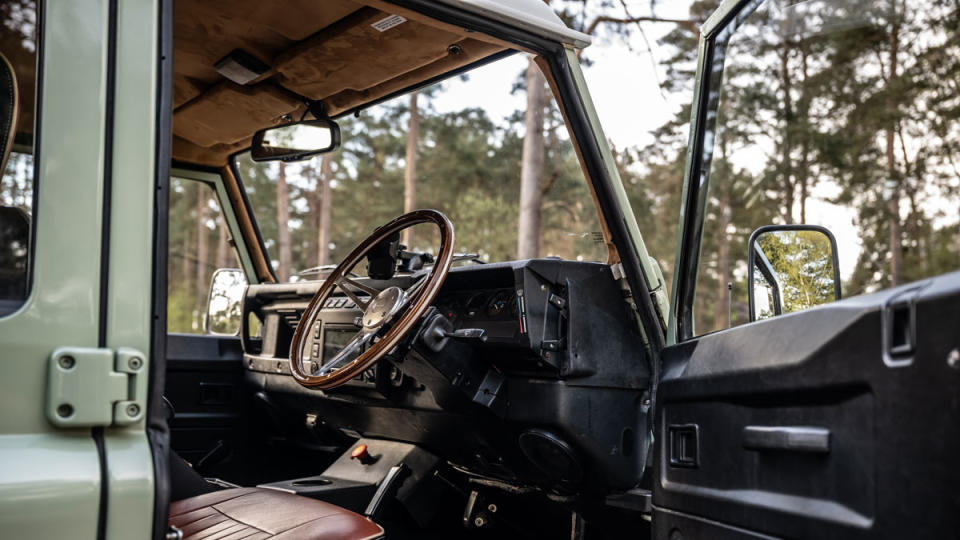 A peek at the interior of Bedeo's all-electric 2005 Land Rover Defender 110 restomod.