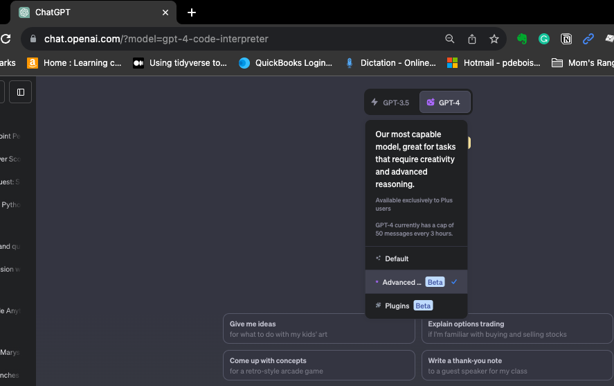 ChatGPT Advanced Data Analysis Setting: Second Menu