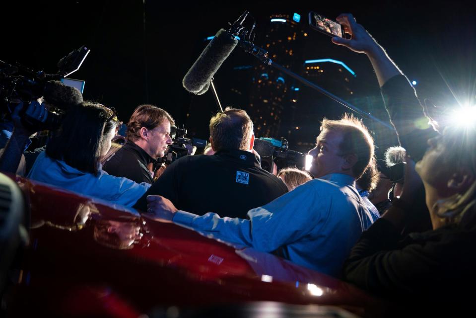 Ford CEO Jim Farley, left, talks with news media during the Ford F-150 Fest at Hart Plaza in downtown Detroit on Tuesday, Sept. 12, 2023.