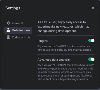 ChatGPT ADA Setting screenshot: ChatGPT Advanced Data Analysis PlugIn