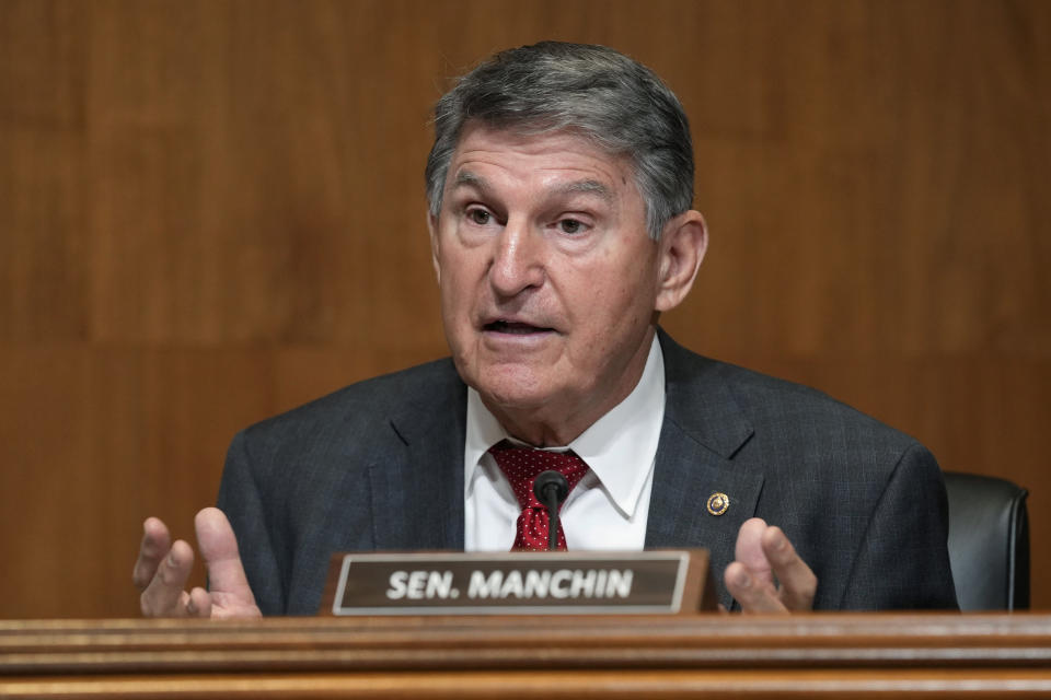 Sen. Joe Manchin, D-W.Va., questions Education Secretary Miguel Cardona during a Senate Appropriations Subcommittee on Labor, Health and Human Services, and Education, and Related Agencies hearing on Capitol Hill in Washington, Tuesday, April 30, 2024, to examine the 2025 budget for the Department of Education. (AP Photo/Susan Walsh)