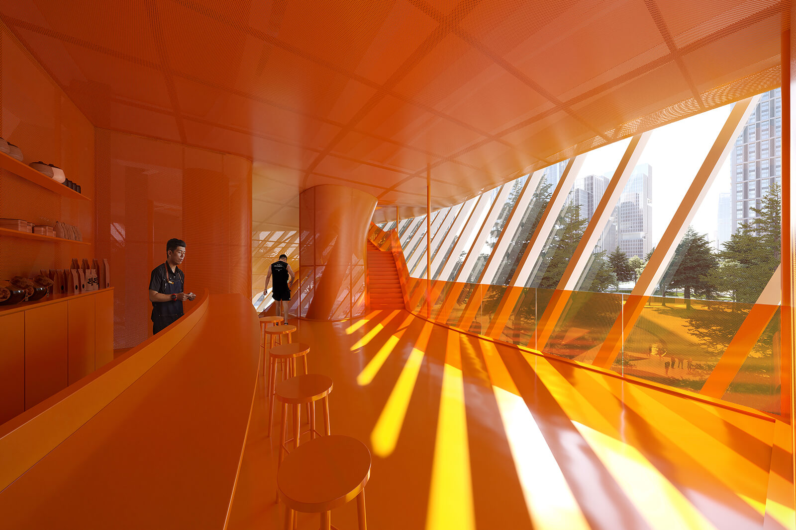 The interiors, dipped in an orange hue, contrast with the outer mirrored façade | MAD Architects | China | STIRworld