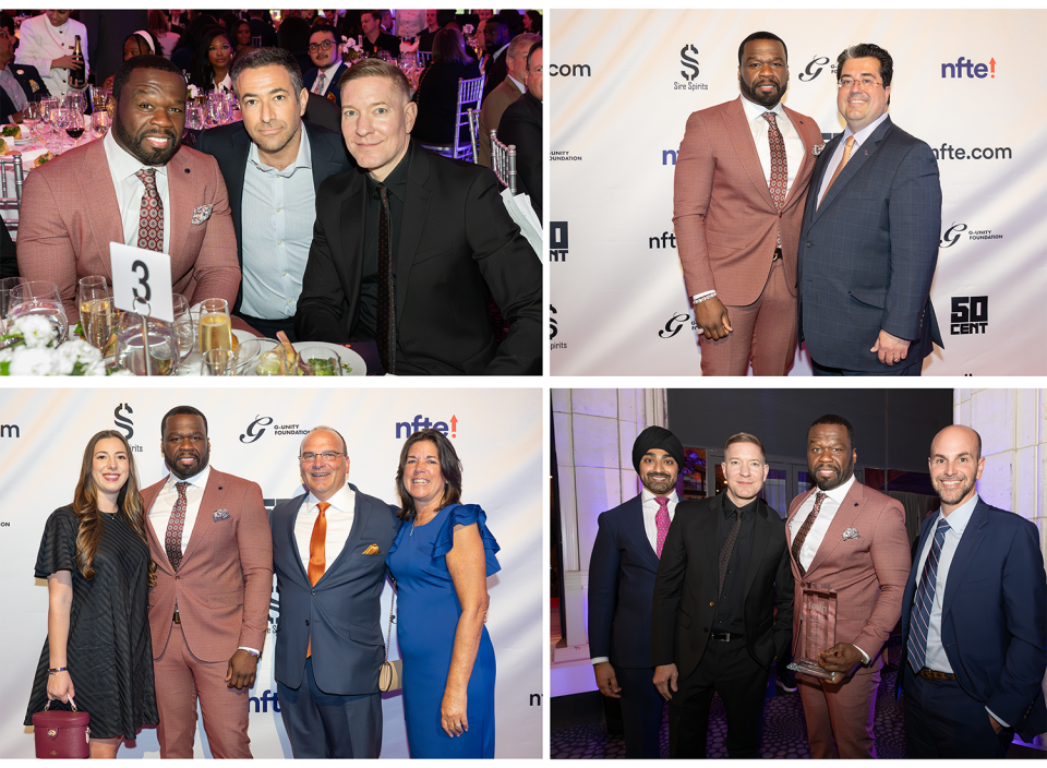 During the 2024 gala, Network for Teaching Entrepreneurship and Curtis “50 Cent” Jackson’s G-Unity Foundation announced a collaboration to support aspiring entrepreneurs. Pictured, left to right: Curtis “50 Cent” Jackson; Ari Melber, host of MSNBC’s “The Beat with Ari Melber;” and the star of Power Book IV: Force, Joseph Sikora, who presented Jackson’s award. Curtis “50 Cent” Jackson poses with NFTE President & CEO Dr. J.D. LaRock. Curtis “50 Cent” Jackson poses with 2024 NFTE Legacy Award honoree Michael J. Kacsmar, Partner, EY, and Chair of the NFTE Board of Directors, as well as (left) Kacsmar’s daughter, Meghan, and wife, Beth. Pictured with Joseph Sikora and Curtis “50 Cent” Jackson are NFTE Entrepreneurial Leadership Award honorees (left) NFTE alumnus Preet Sabharwal, Co-Founder of SAB and Ocean Block Capital, and (right) the Charles Stewart Mott Foundation, represented by President & CEO Ridgway White. (Credit: MFox)