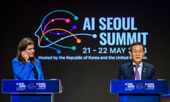 Michelle Donelan, the UK technology secretary listens as South Korea's minister of science and ICT, Lee Jong-ho speaks at a press briefing