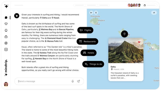 Mindtrip helps travelers plan and book customized trips using artificial intelligence.