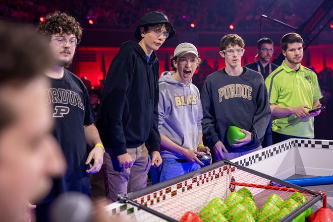 Purdue University's robotics team, Purdue SIGBots, competes against California Polytechnic State University’s Cal Poly Gear Slingers at the VEX Robotics World Championship, on April 30, 2024, in Dallas, Texas.