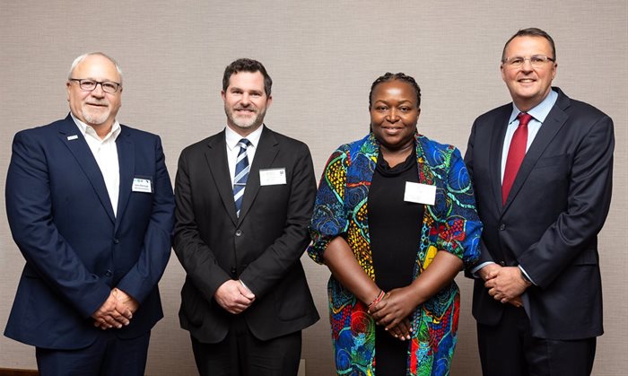 (From left) Sean Alborough, Country Manager, SA, SBA Communications; Michael Bromley, Commercial Counselor & Regional Standards Attaché, U.S. Commercial Services, H.E. Ambassador Jacqueline Kenani from Kenya; Nicholas Van Slyck, Vice President, Africa & Asia, SBA Communications