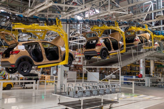 Cars are placed on a production line inside a Renault factory outside of Tangier, Morocco, Monday, April 29, 2024. The North African kingdom supplies more cars to Europe than China, India or Japan, and has the capacity to produce 700,000 vehicles a year.