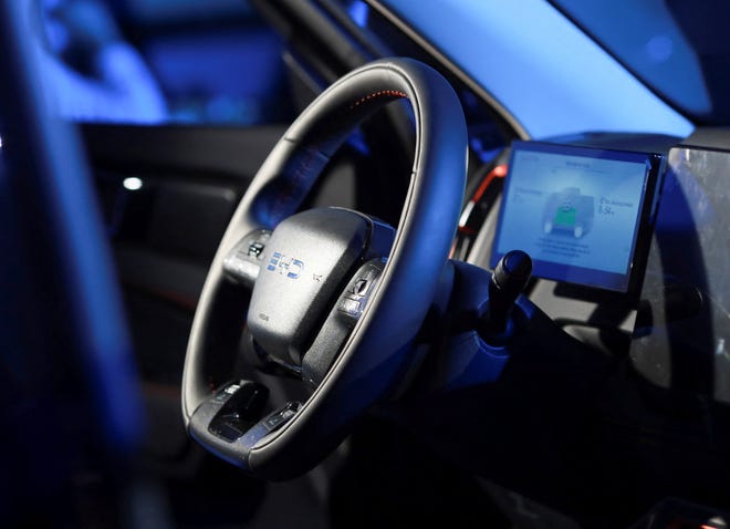 Interior view of the hybrid-electric Shark pickup that Chinese EV maker BYD launched for the Mexican market May 14, 2024, at an event in Mexico City. REUTERS/Henry Romero