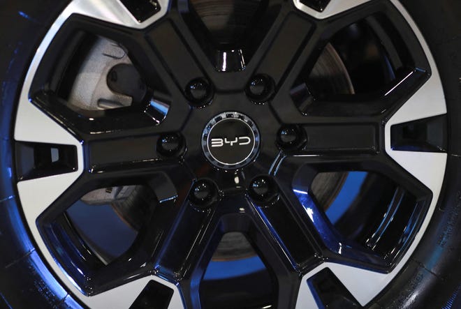 A wheel of the BYD Shark is displayed on the day Chinese EV maker BYD launched the truck for the Mexican market at an event in Mexico City, Mexico May 14, 2024. REUTERS/Henry Romero