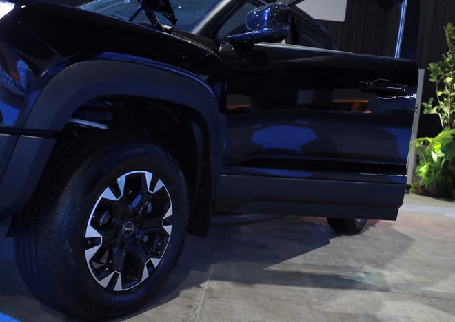 Door of the hybrid-electric Shark pickup that Chinese EV maker BYD launched for the Mexican market May 14, 2024, at an event in Mexico City. REUTERS/Henry Romero