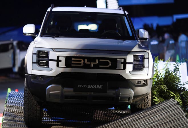 The BYD Shark is displayed on the day Chinese EV maker BYD launches its new truck, on the Mexican market in an event in Mexico City, Mexico May 14, 2024. REUTERS/Henry Romero