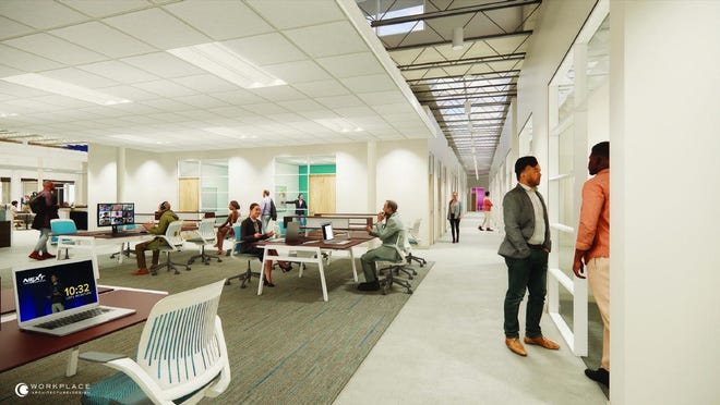 An artist rendering of the open coworking space being developed by Hartness Development, Flywheel, and Furman University’s Hill Institute for Innovation and Entrepreneurship.