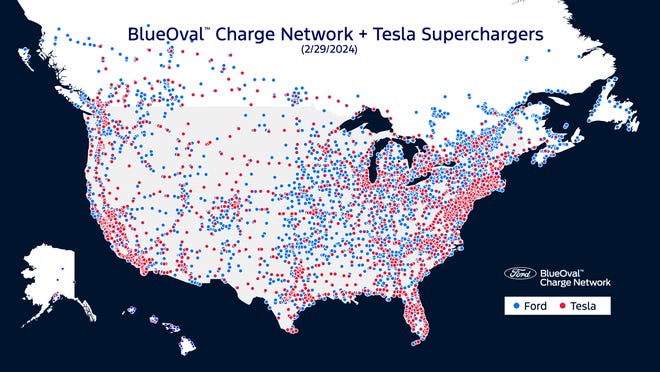 Map of DC fast charging stations available to Ford EV owners.
