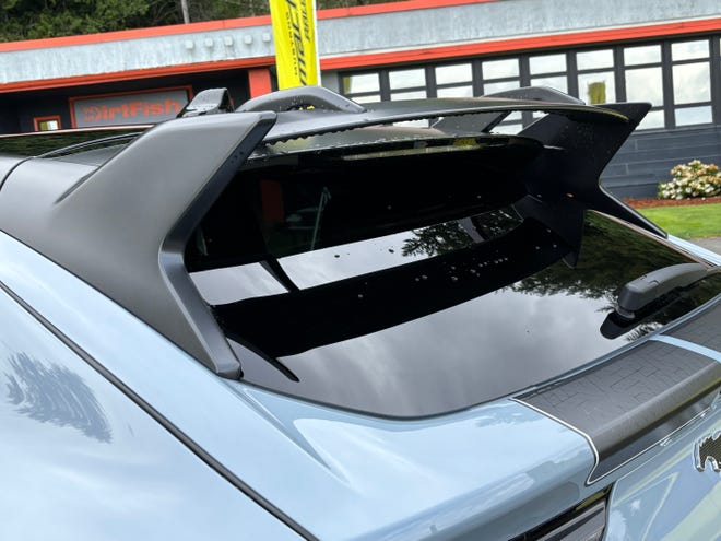 The 2024 Mustang Mach-E Rally's rear spoiler is inspired by the Focus RS rally car.