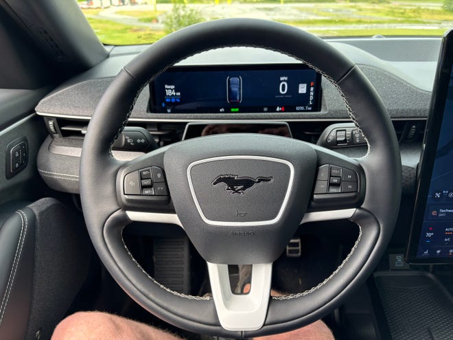 2024 Ford Mustang Mach-E Rally steering wheel and instrument cluster.