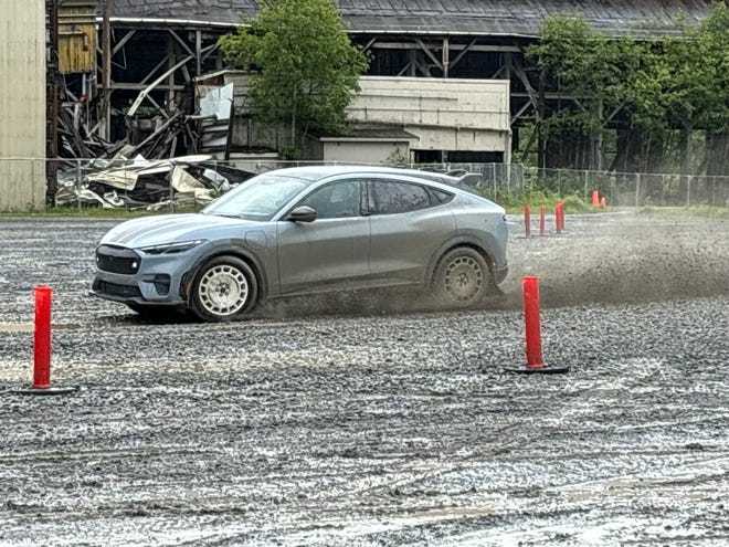 The 2024 Ford Mustang Mach-E Rally's drivetrain, steering and suspension are electronically tuned for rally driving on mud and other low-traction surfaces.