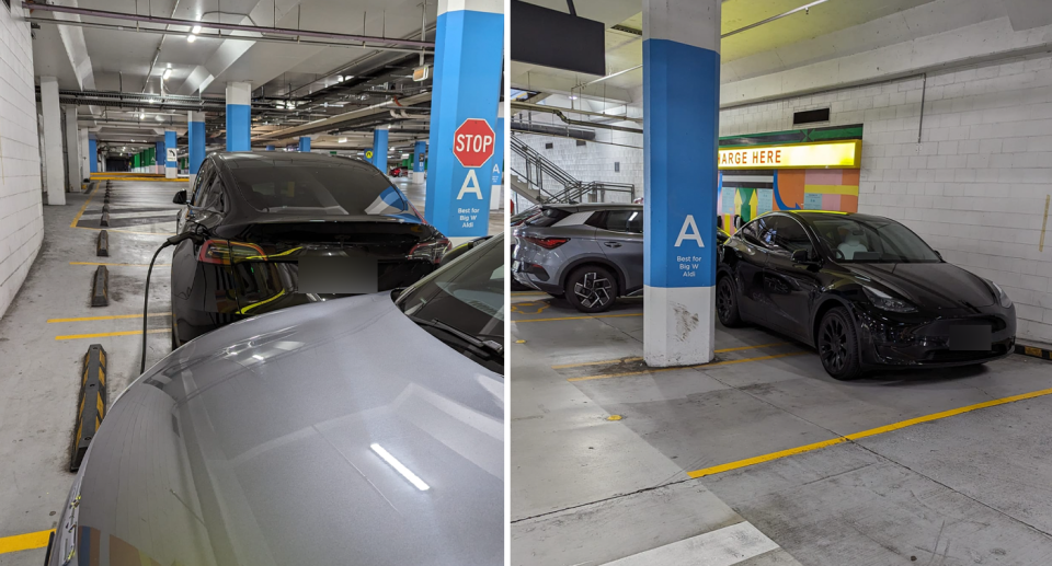 Different angles of the Tesla show that it was using two parking spaces in the shopping centre. 