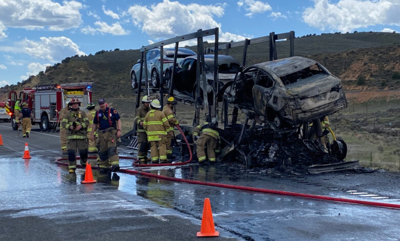 Semi truck hauling electric vehicles catches fire, shuts down I-80 in Summit County Semi truck hauling electric vehicles catches fire, shuts down I-80 in Summit County