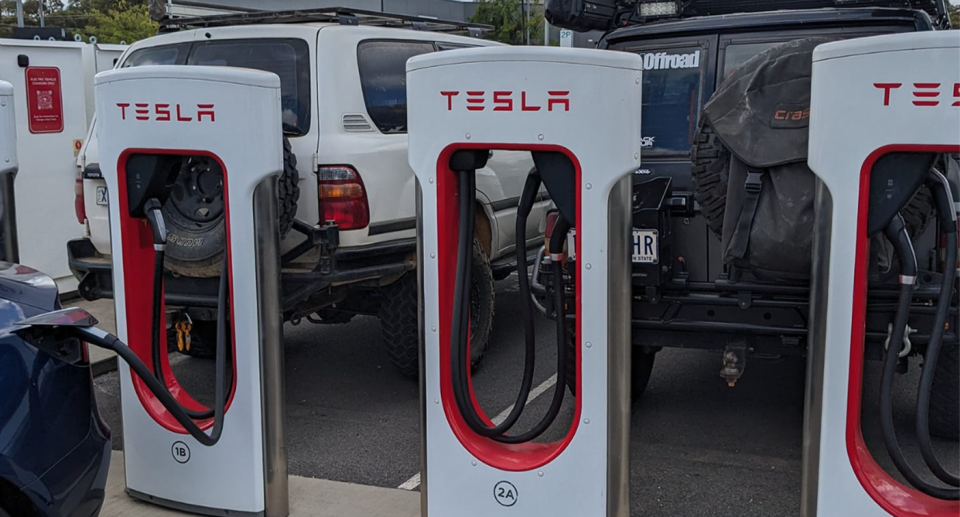 A Tesla EV charging bay in Bendigo. 